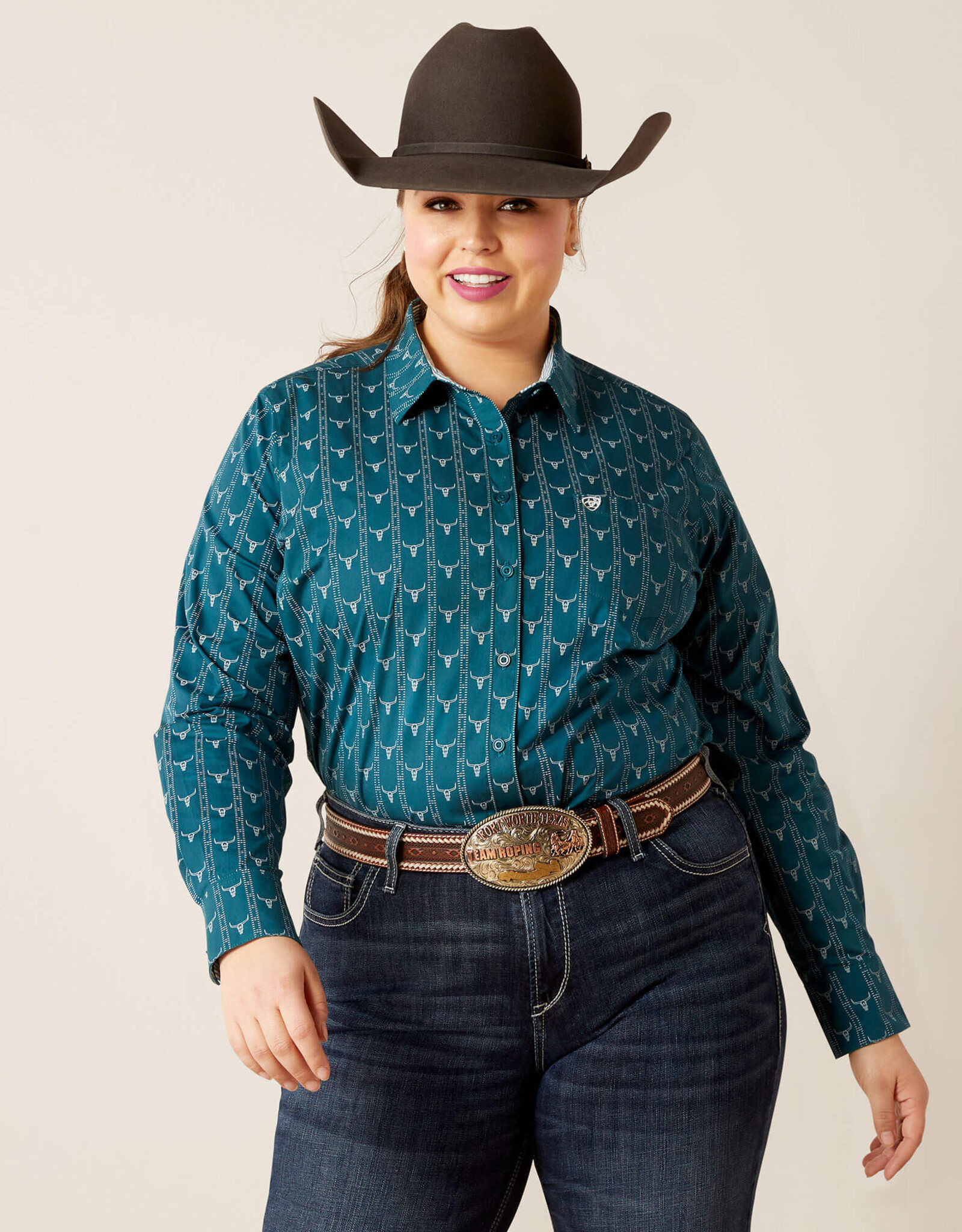 Ariat Womens Ariat Wrinkle Resistant Teal Steer Head Kirby Long Sleeve Western Arena Shirt