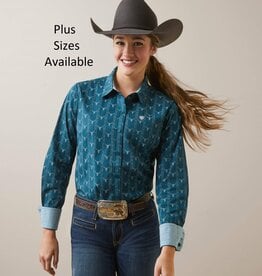 Ariat Womens Ariat Wrinkle Resistant Teal Steer Head Kirby Long Sleeve Western Arena Shirt