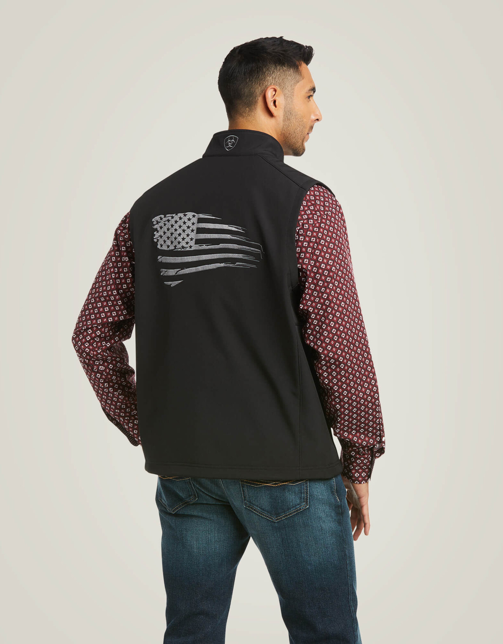 Ariat Ariat Mens Softshell Concealed Carry Black Logo Embroidered Patriot Flag Vest