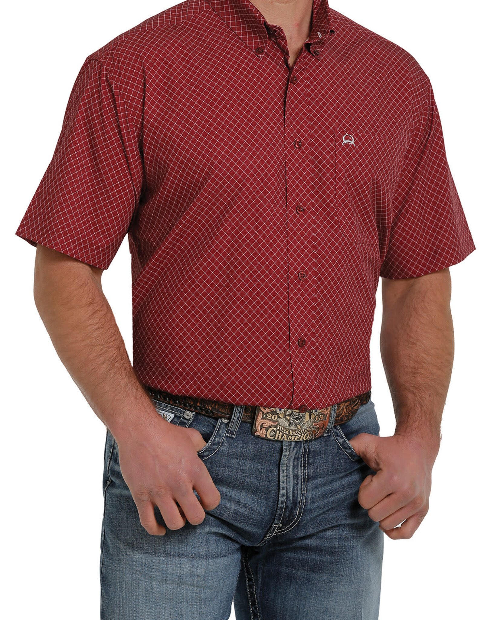Cinch Mens Cinch Short Sleeve Burgundy Print Arena Flex Western Button Shirt