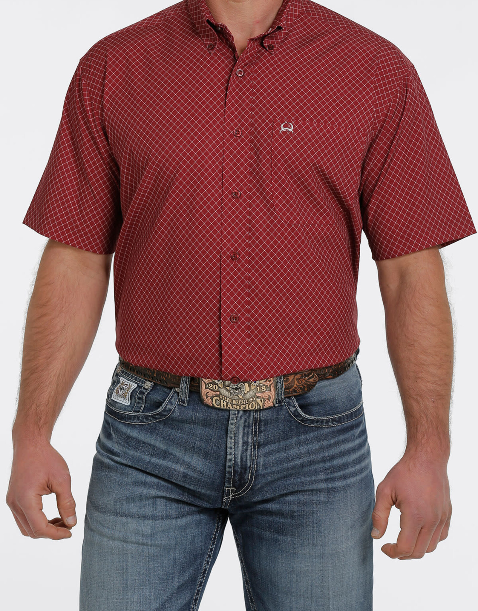 Cinch Mens Cinch Short Sleeve Burgundy Print Arena Flex Western Button Shirt