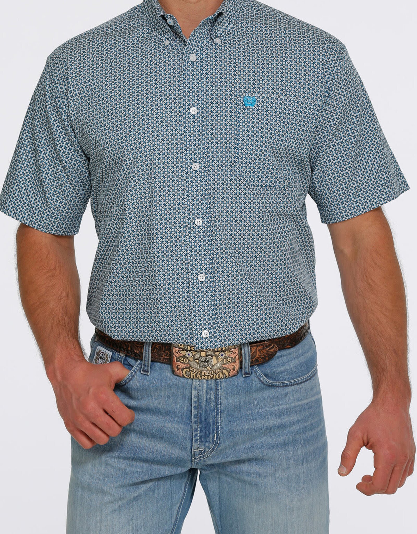 Cinch Mens Cinch Blue Print  Classic Short Sleeve Western Button Shirt