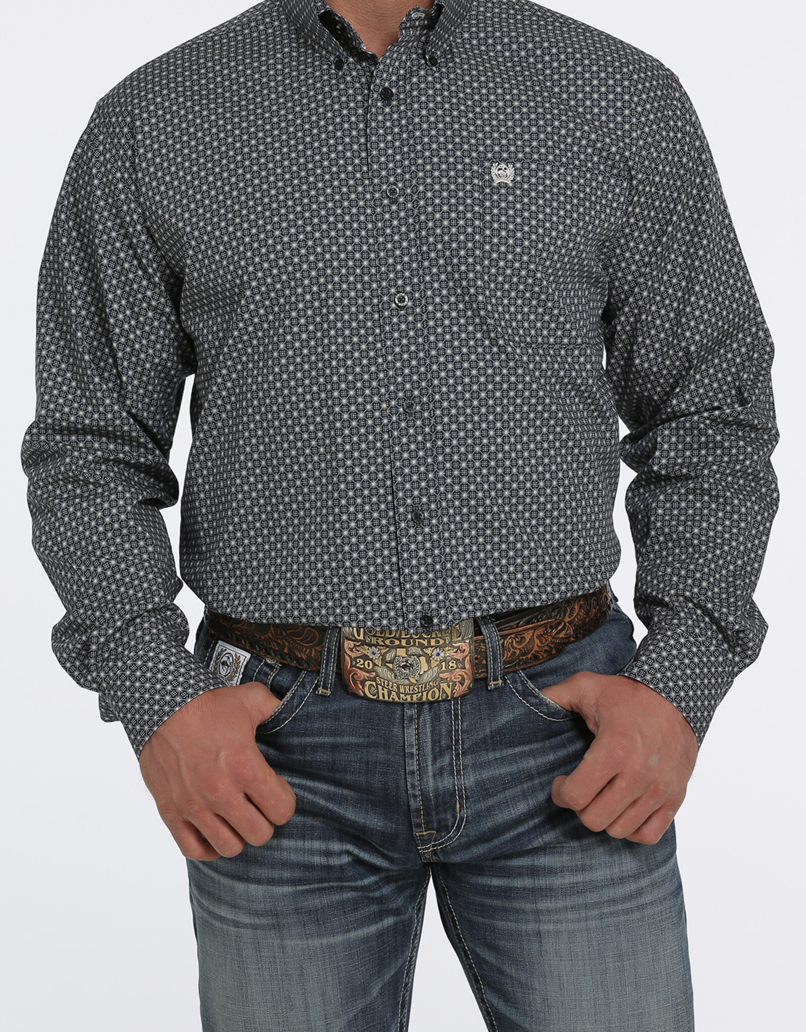 Cinch Mens Cinch Long Sleeve Navy Blue  Sunburst Print Western Button Shirt