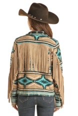 Ariat Rock & Roll Turquoise Aztec Teddy Berger Jacket With Tan Fringe