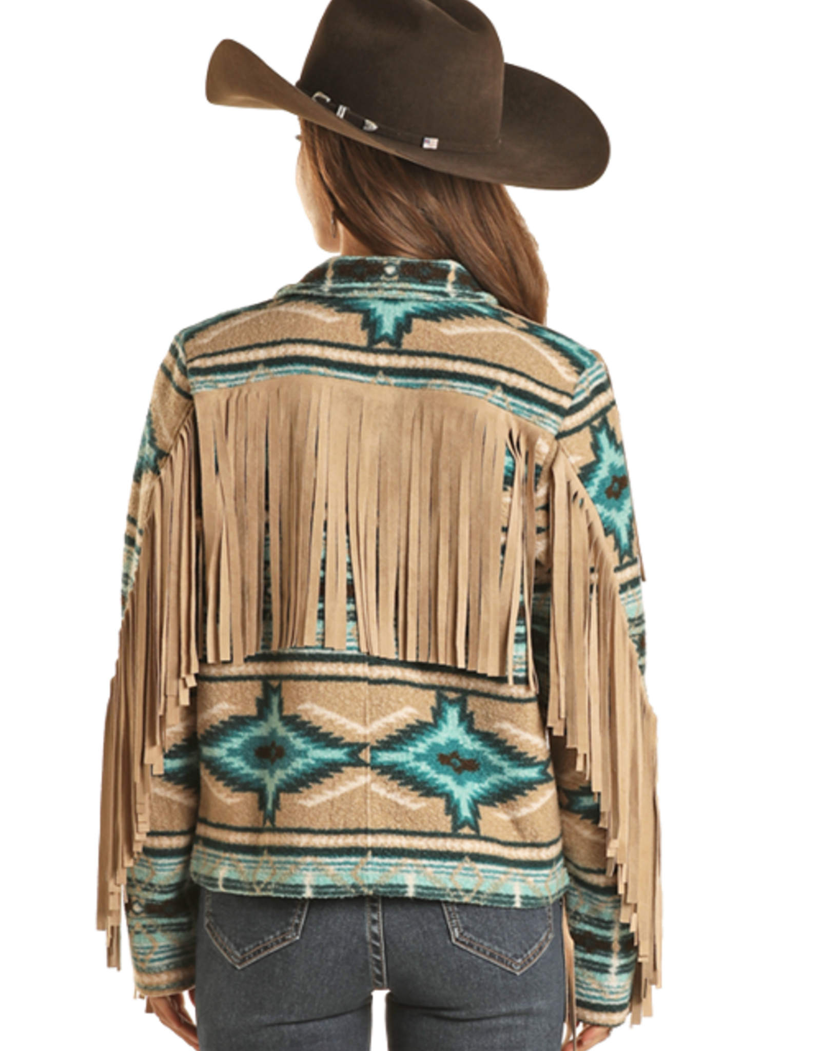 Ariat Rock & Roll Turquoise Aztec Teddy Berger Jacket With Tan Fringe