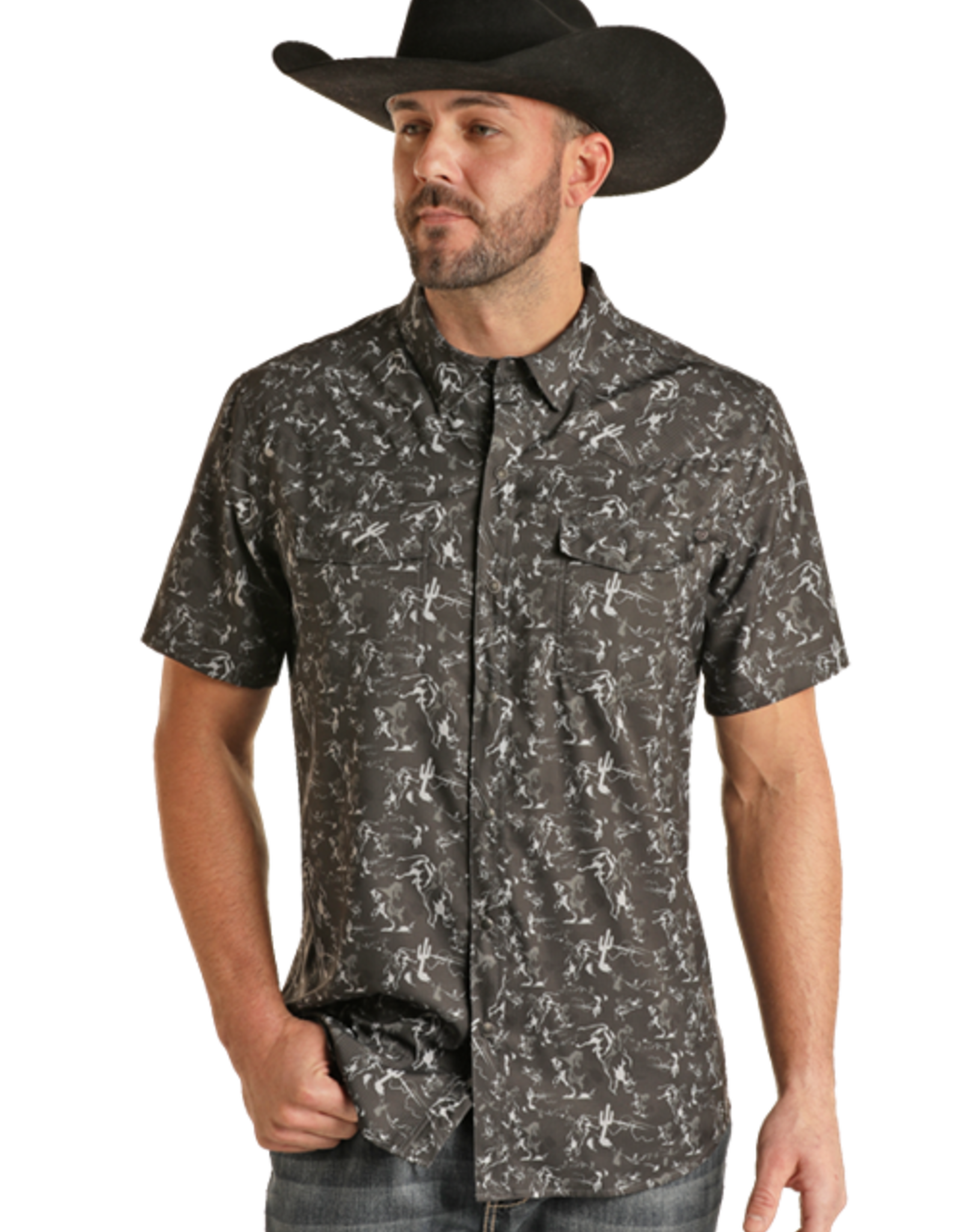 Mens Rock & Roll Two Pocket Western Print Rip Stop Short Sleeve Snap Shirt