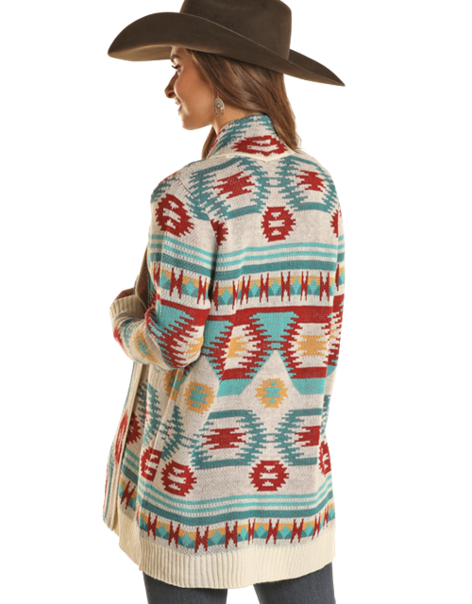 Womens Cream Turquoise and Rust Aztec Cardigan Sweater