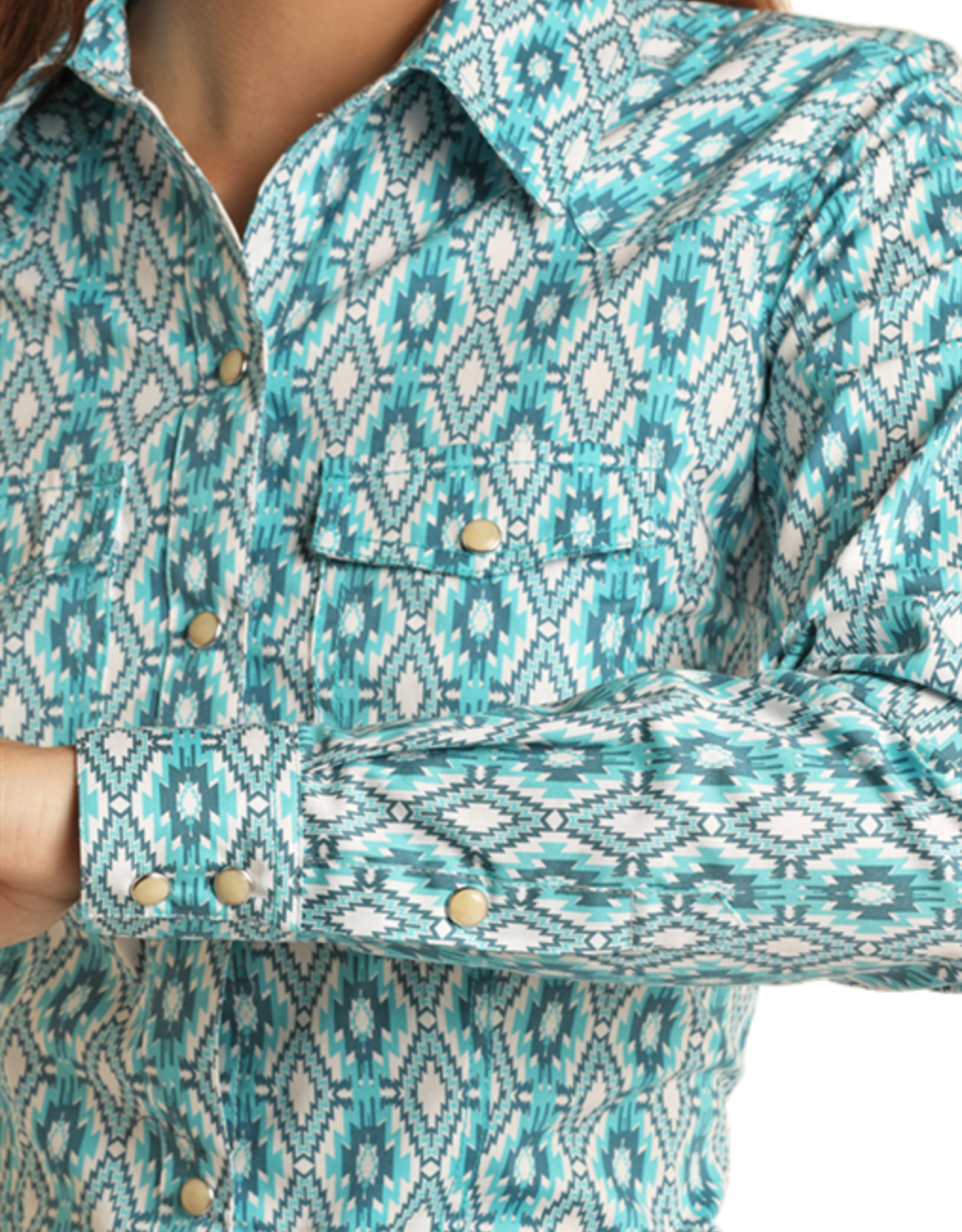 Womens Turquoise and White Aztec Western Snap Shirt