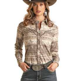 Womens Dale Brisby Taupe Chocolate Western Scene Aztec Western Snap Shirt