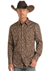 Mens Rock & Roll Two Pocket Western Chocolate Paisley Long Sleeve Snap Shirt