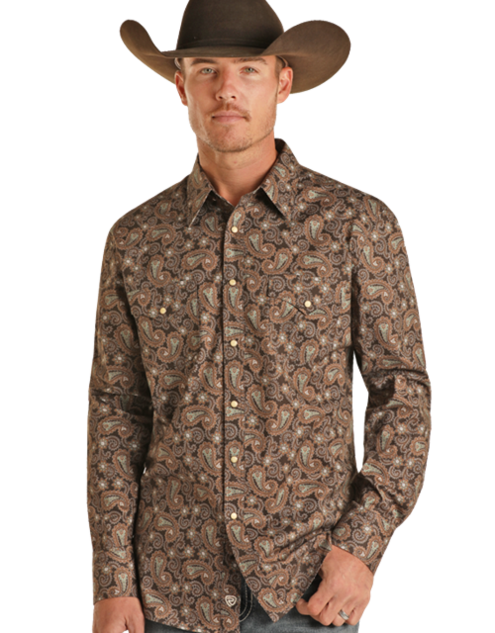 Mens Rock & Roll Two Pocket Western Chocolate Paisley Long Sleeve Snap Shirt