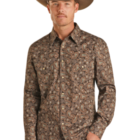 Mens Rock & Roll Two Pocket Western Chocolate Paisley Long Sleeve Snap Shirt