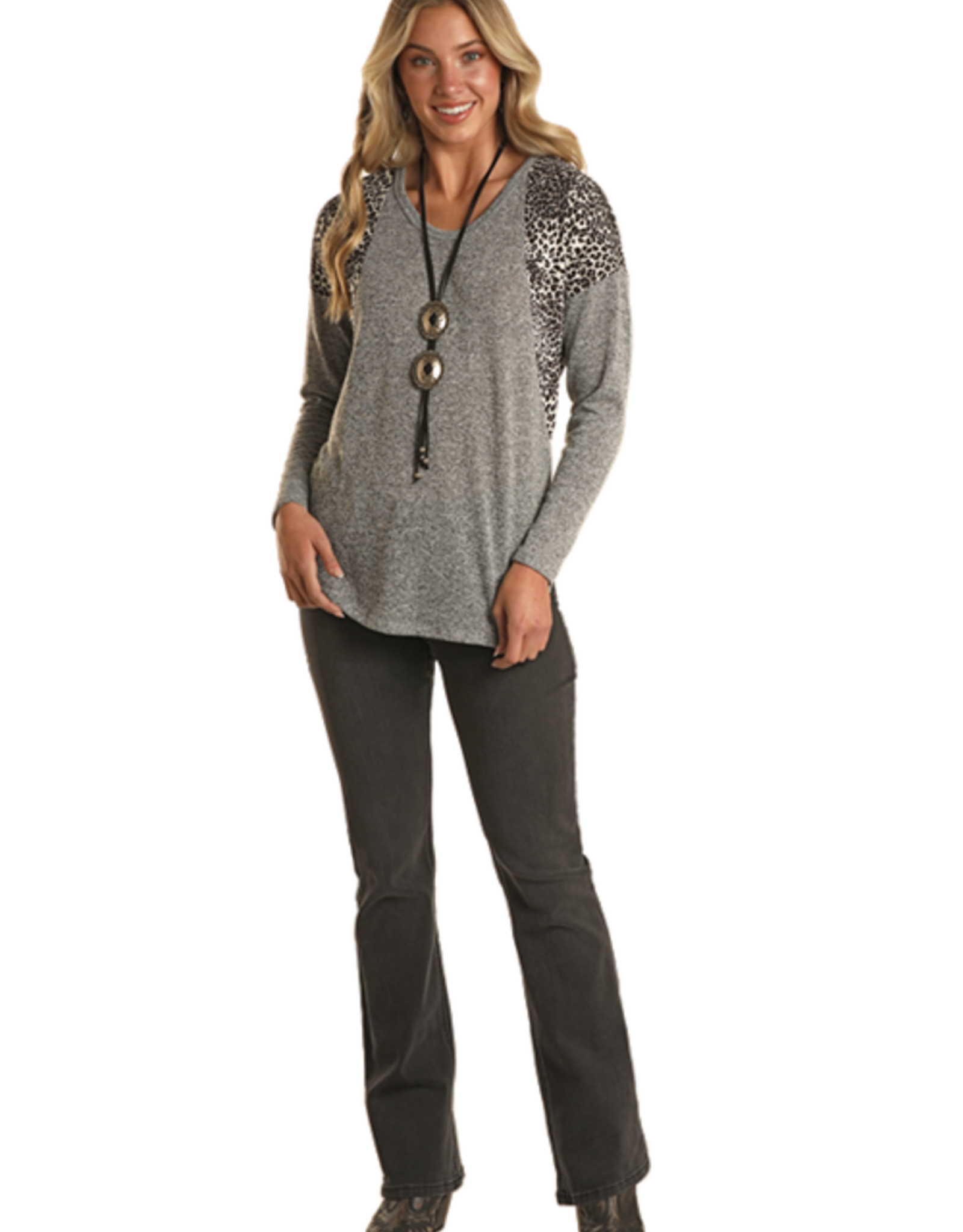 Womens Heather Grey and Leopard Shoulder Long Sleeve Top