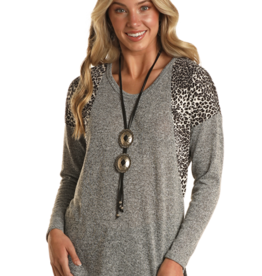 Womens Heather Grey and Leopard Shoulder Long Sleeve Top
