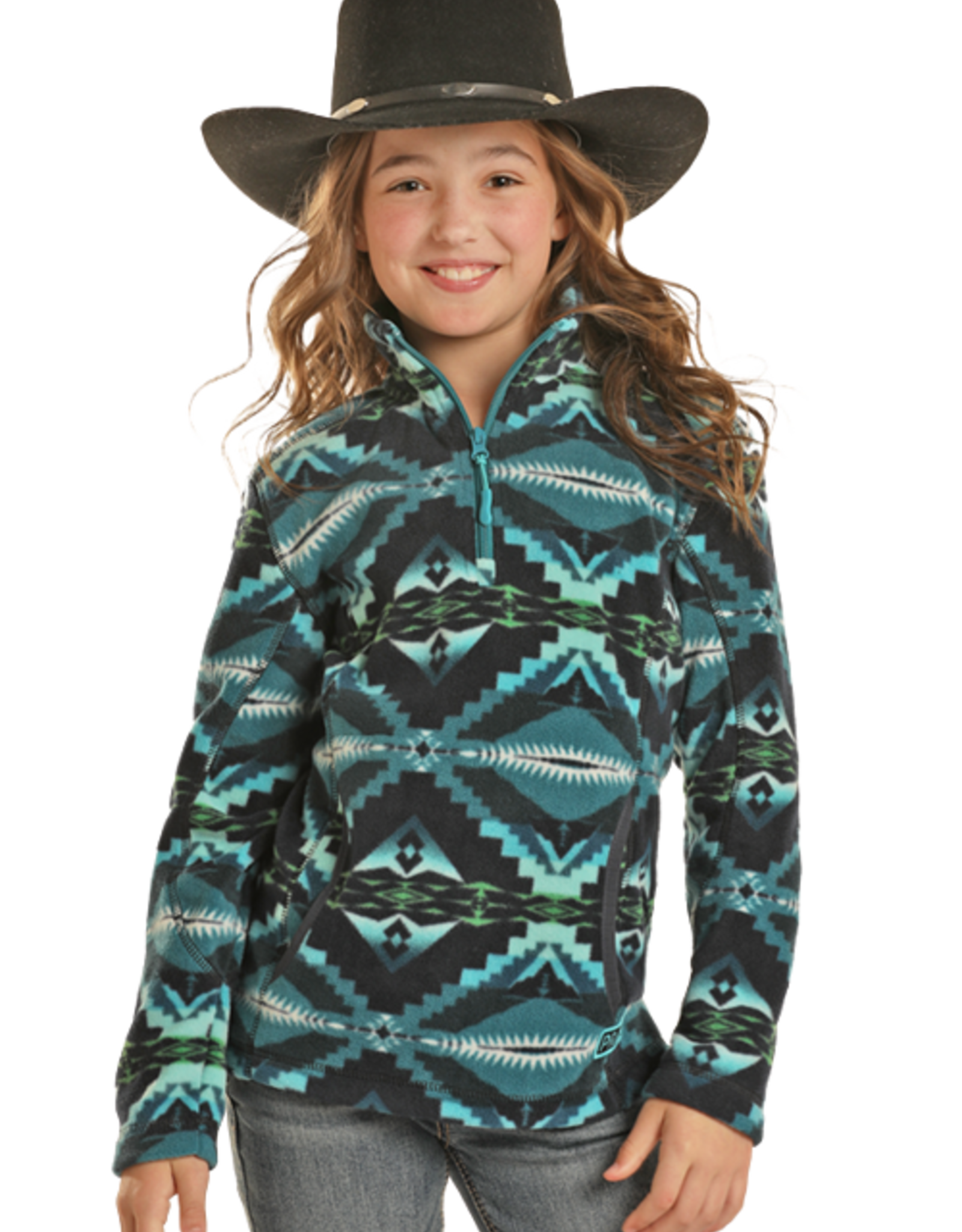 Girls Powder River Teal Green Southwest Polar Fleece Quarter Zip Pullover Sweatshirt