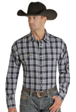 Mens Powder River Blue Brushed Plaid Two Pocket Long Sleeve Snap Western Shirt