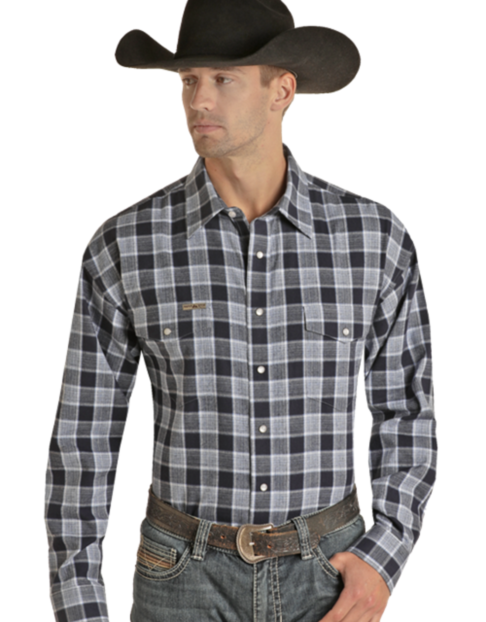 Mens Powder River Blue Brushed Plaid Two Pocket Long Sleeve Snap Western Shirt