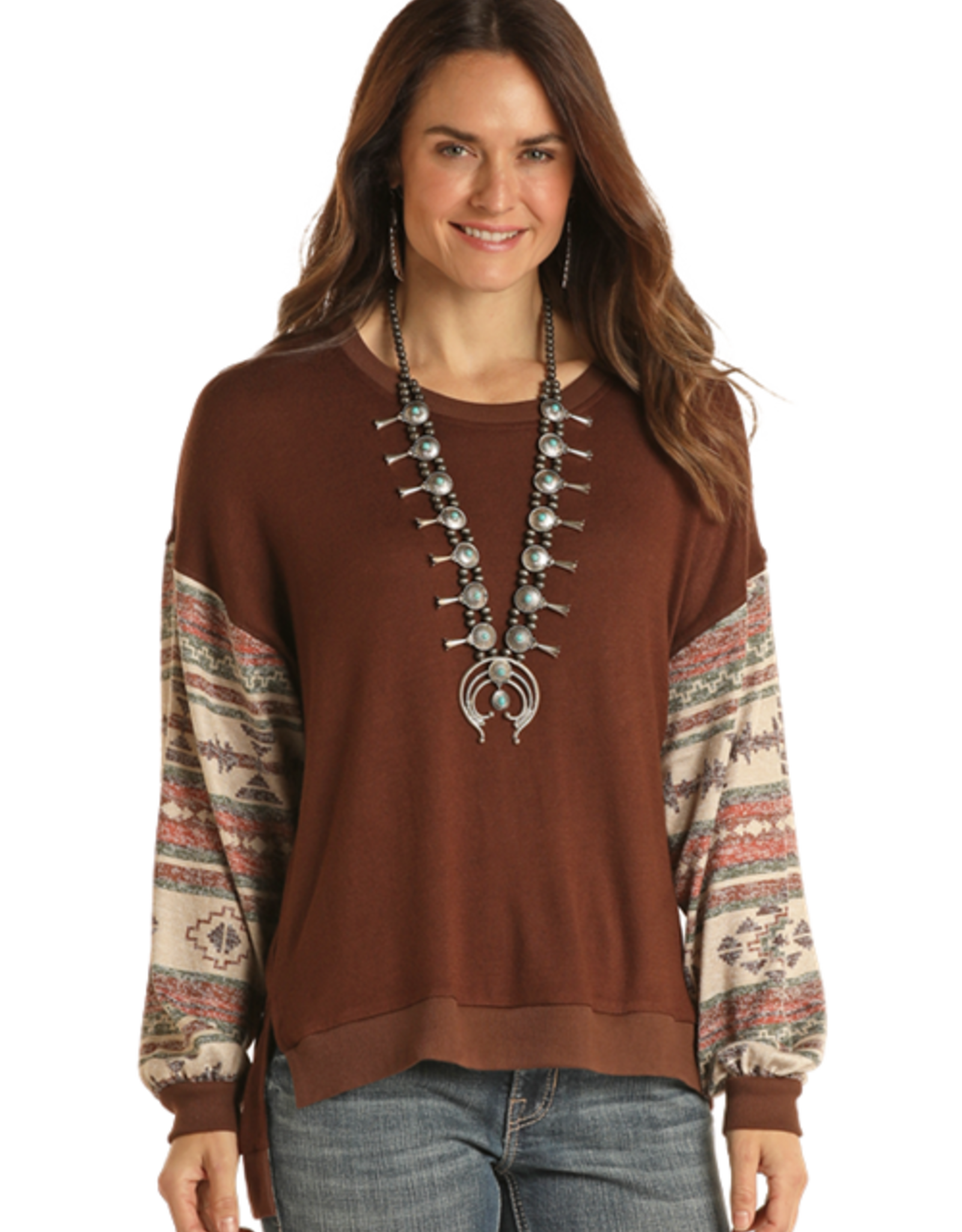 Womens Panhandle Chocolate Aztec Long Sleeve Dolman Sweater