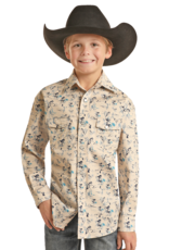 Boys Tan Blue Western Scene Long Sleeve Snap Arena Shirt