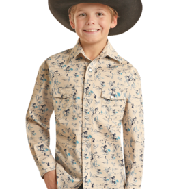 Boys Tan Blue Western Scene Long Sleeve Snap Arena Shirt