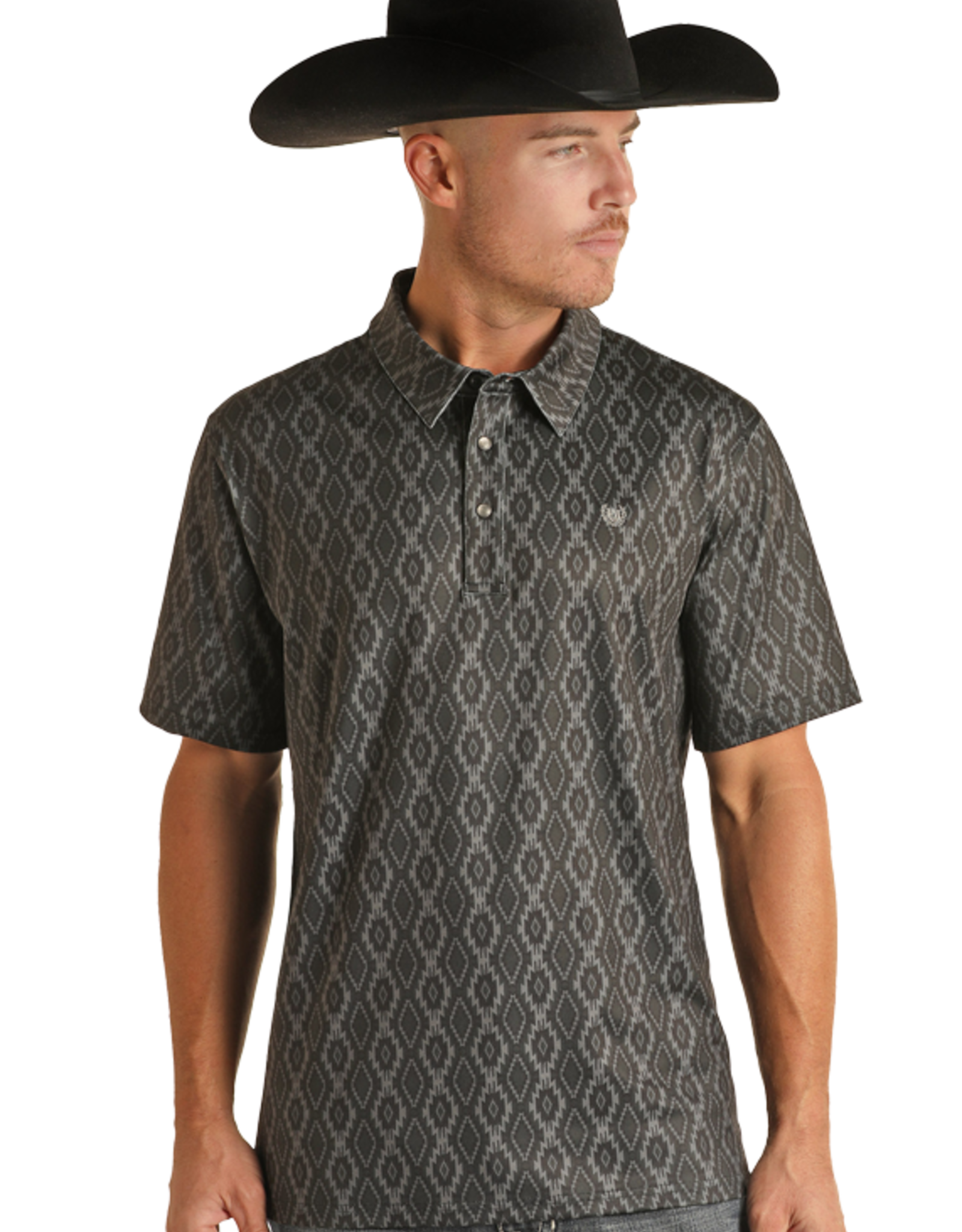 Mens Panhandle  Performance Black Aztec Western Short Sleeve Snap Knit Polo Shirt