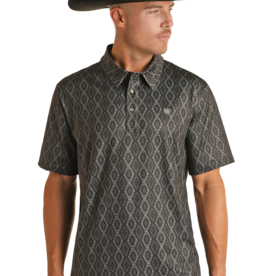 Mens Panhandle  Performance Black Aztec Western Short Sleeve Snap Knit Polo Shirt