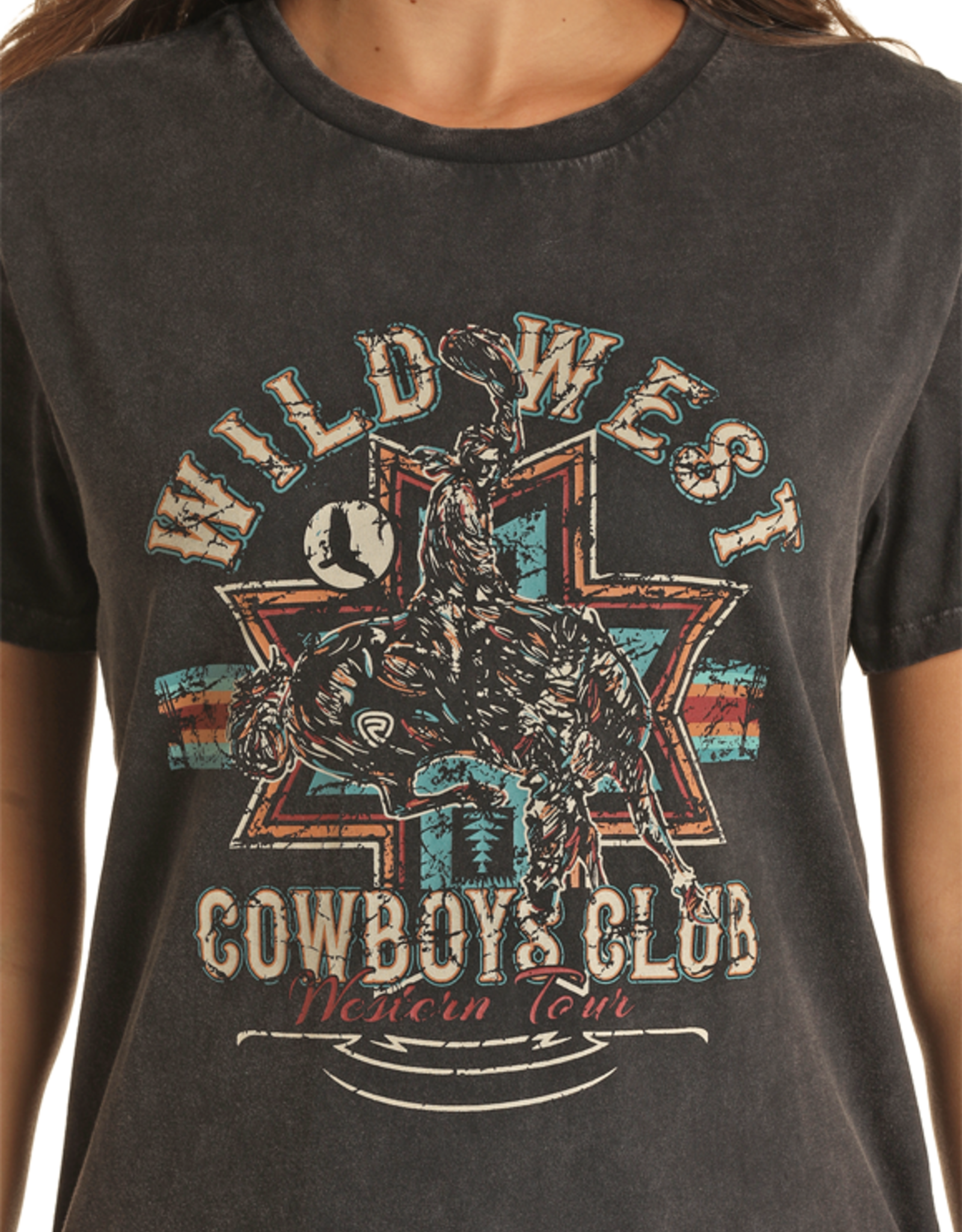 Womens Rock N Roll Wild West Cowboy Club Black Short sleeve T Shirt