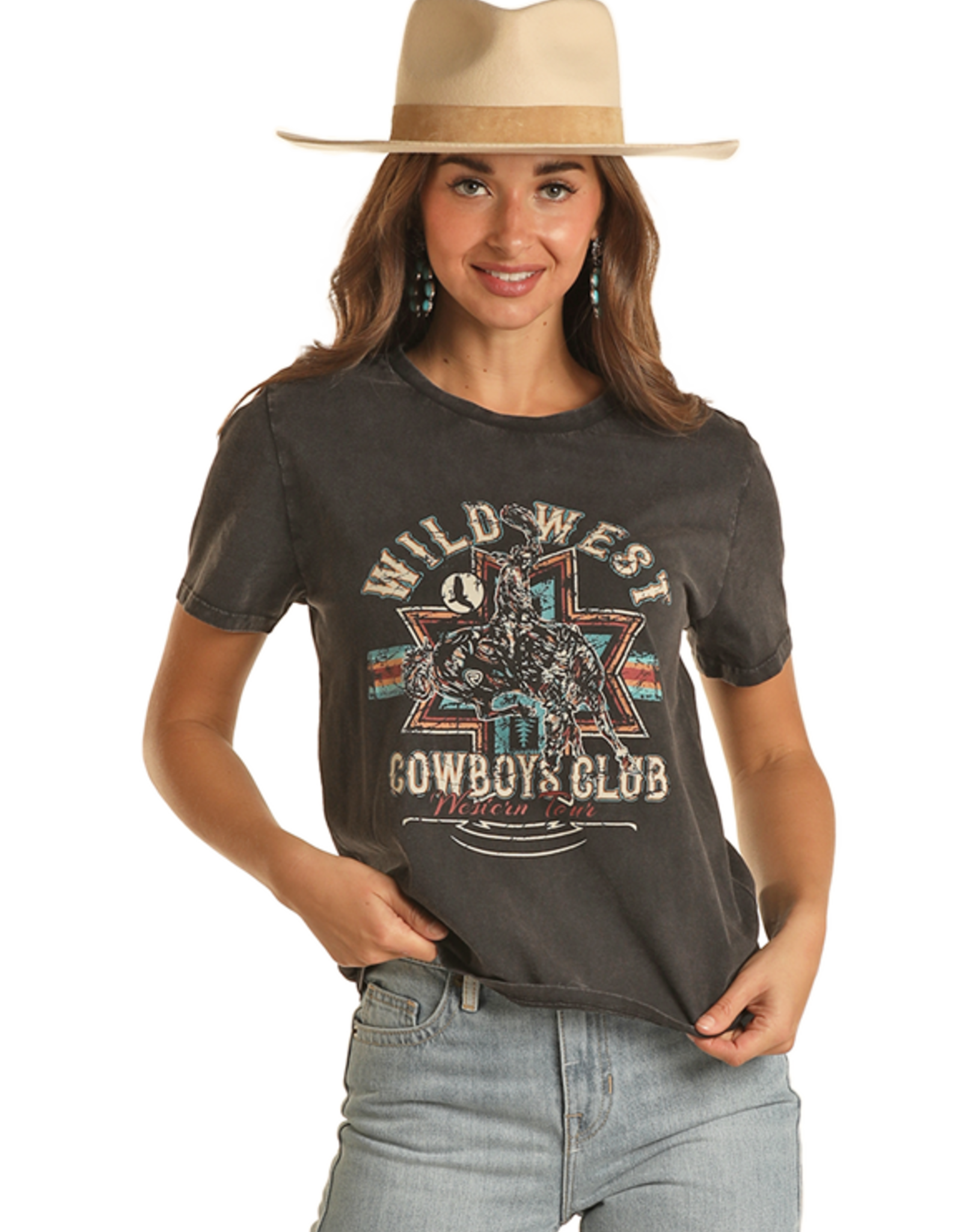 Womens Rock N Roll Wild West Cowboy Club Black Short sleeve T Shirt