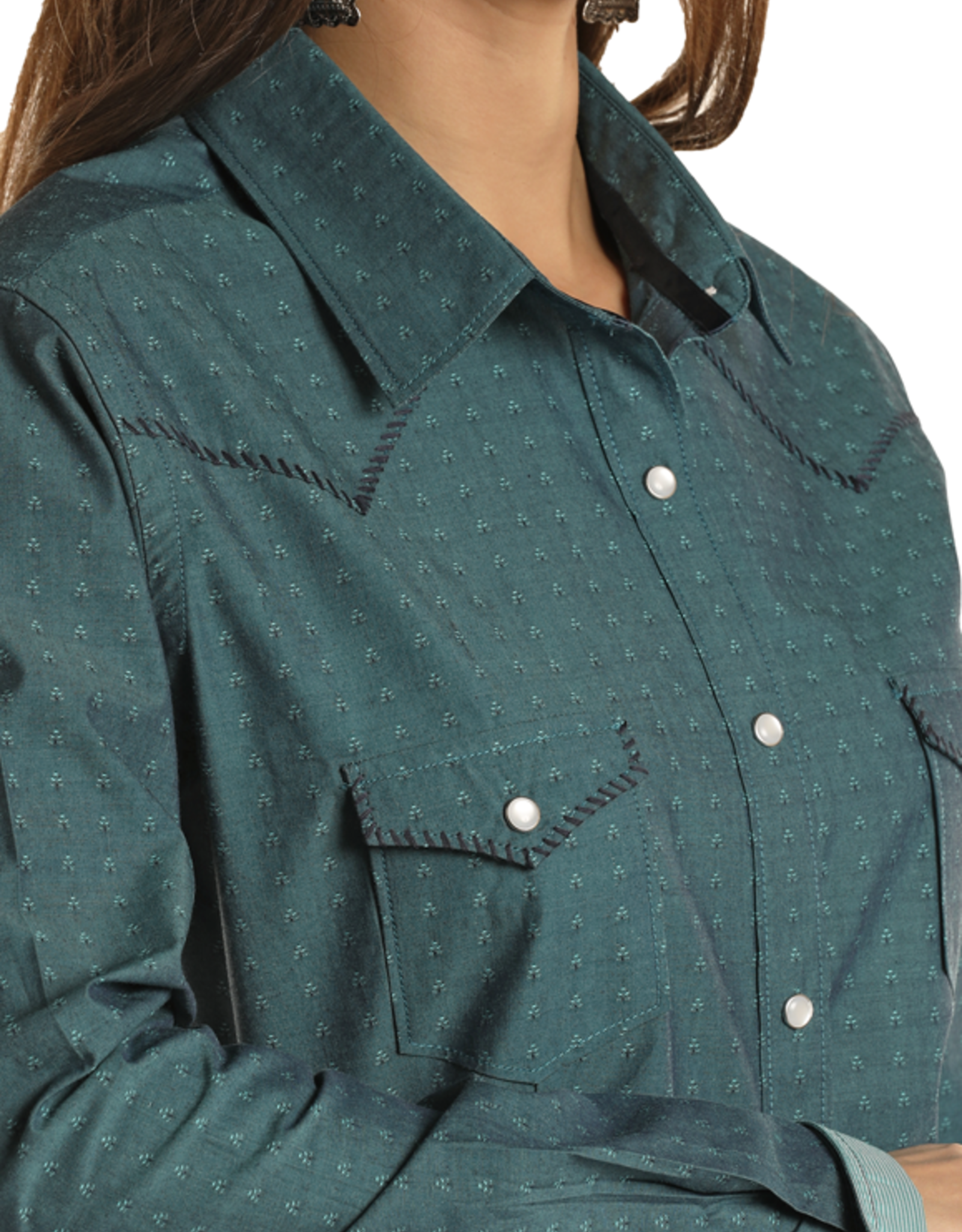 Womens Panhandle Iridescent Turquoise Western Whip Stitch Long Sleeve Snap Shirt