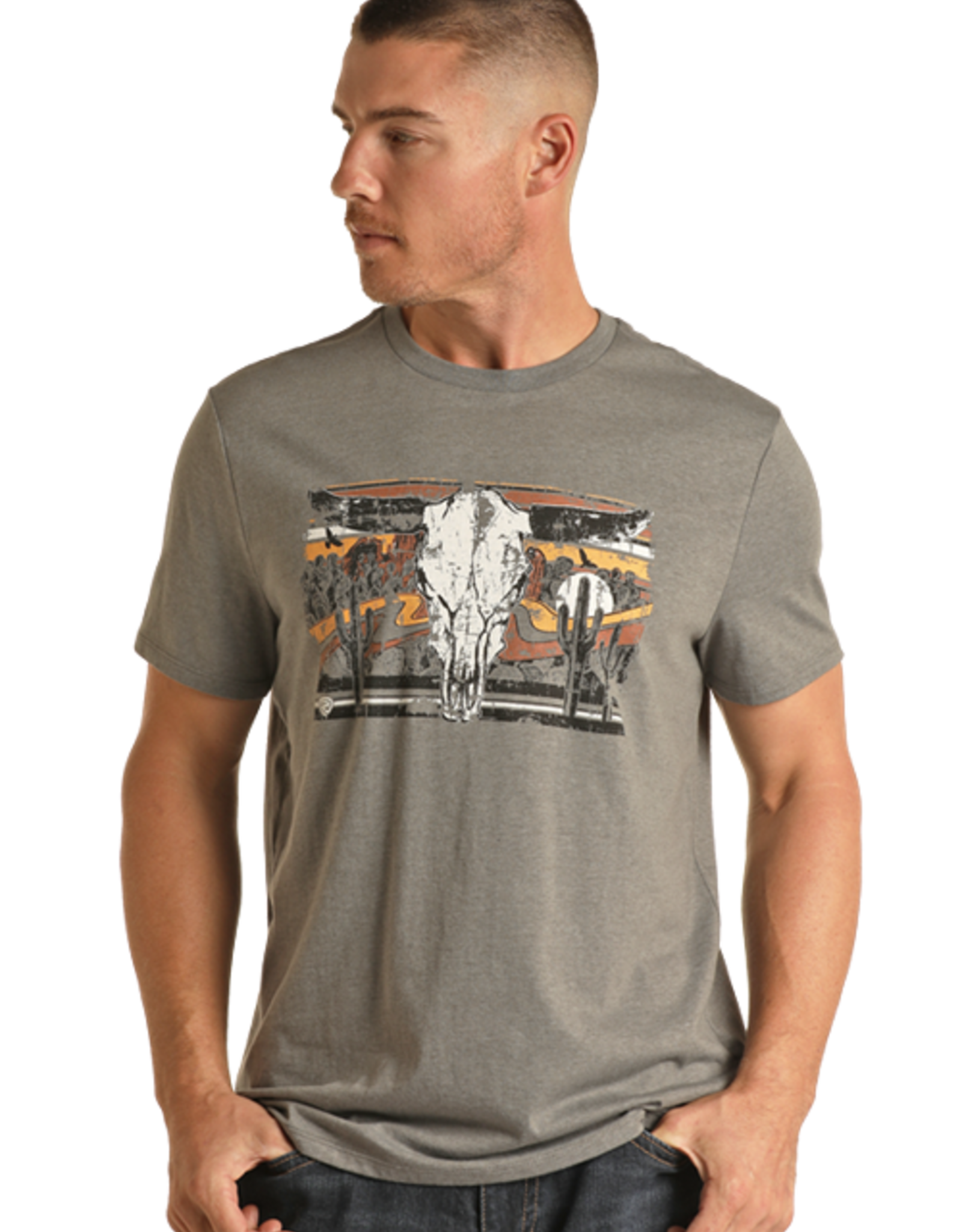Rock & Roll Grey Long Horn Graphic Short Sleeve T Shirt