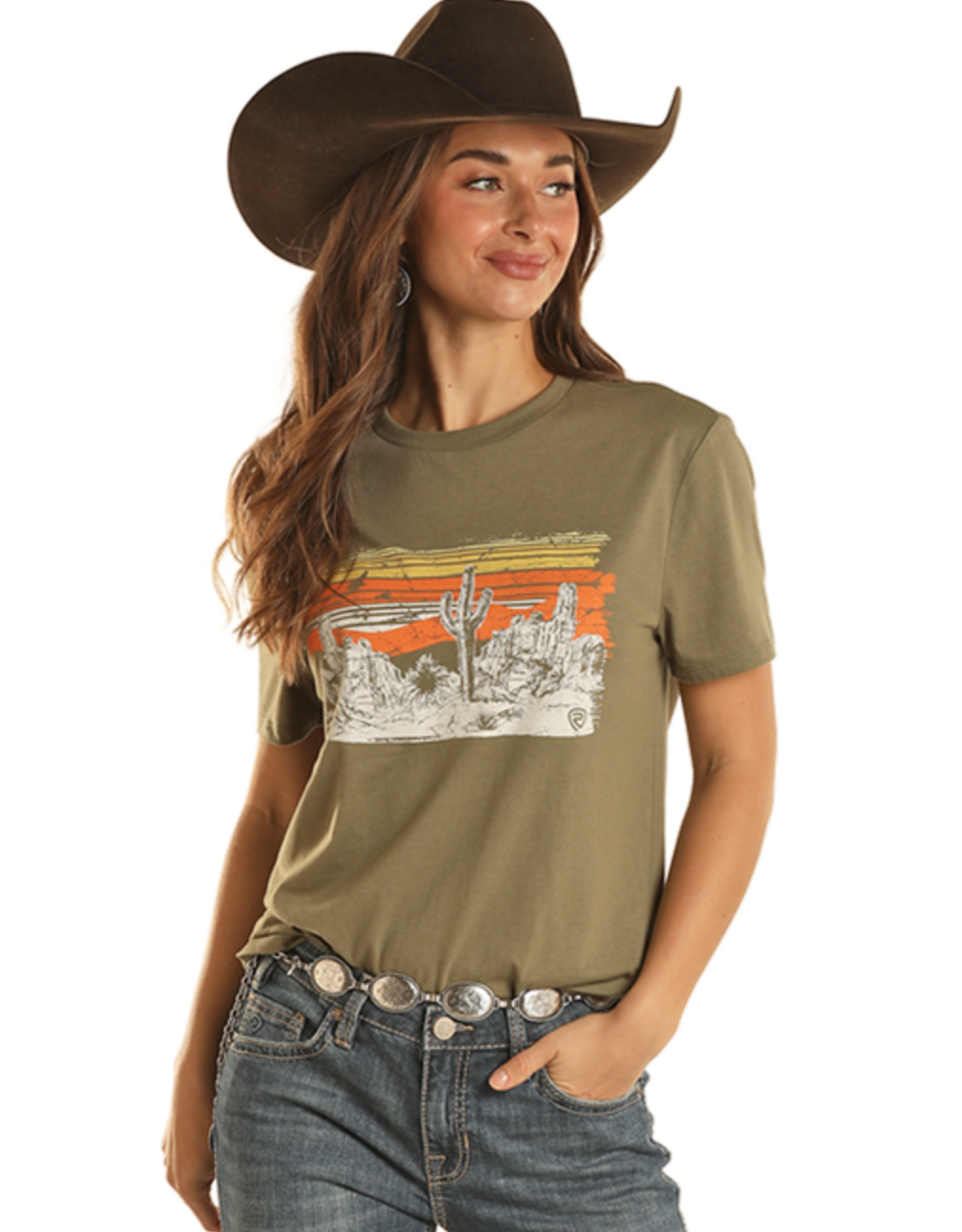 Rock & Roll Olive Desert Scene Graphic Short Sleeve T Shirt