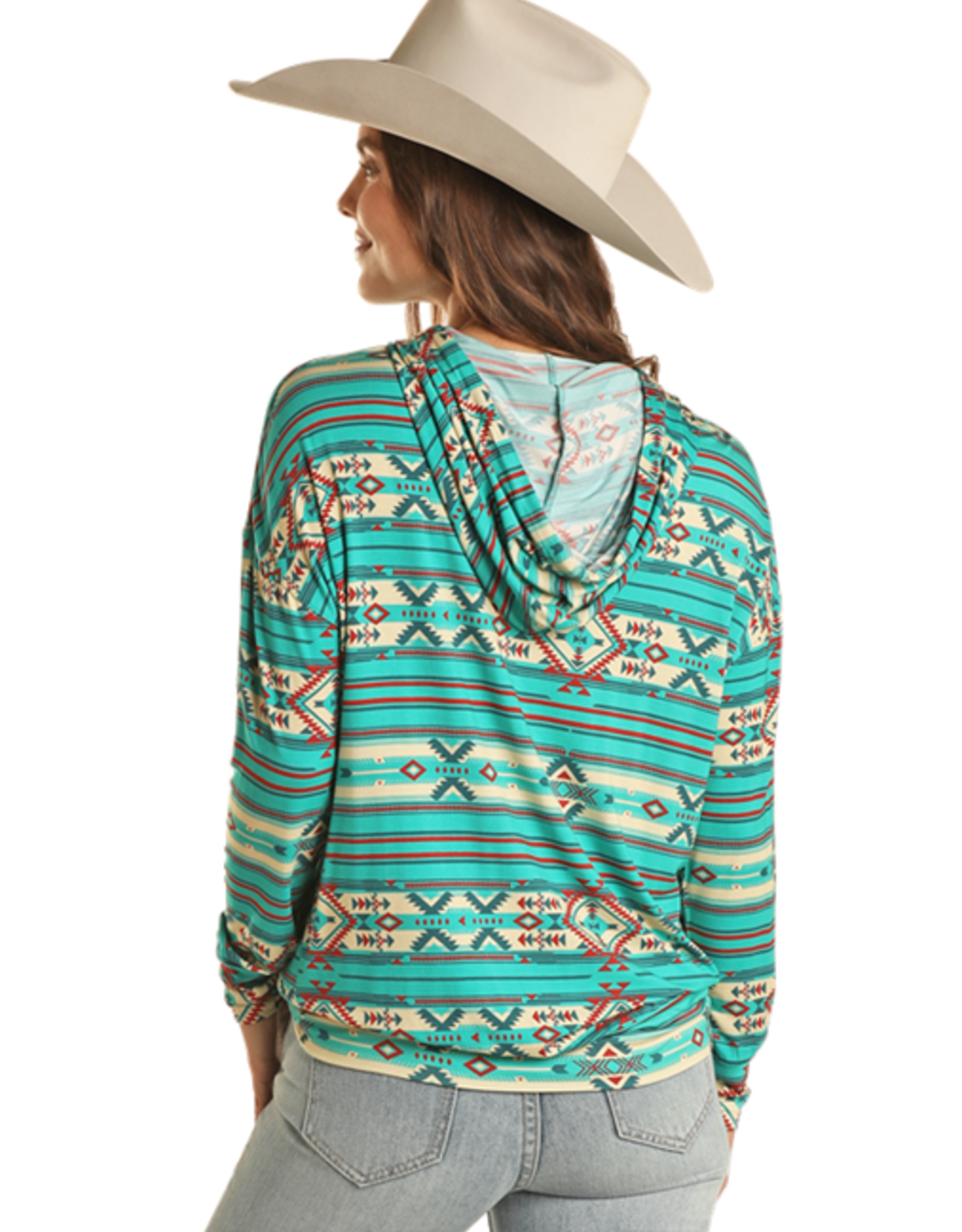 Womens Rock & Roll Turquoise Aztec Long Sleeve Hooded Shirt