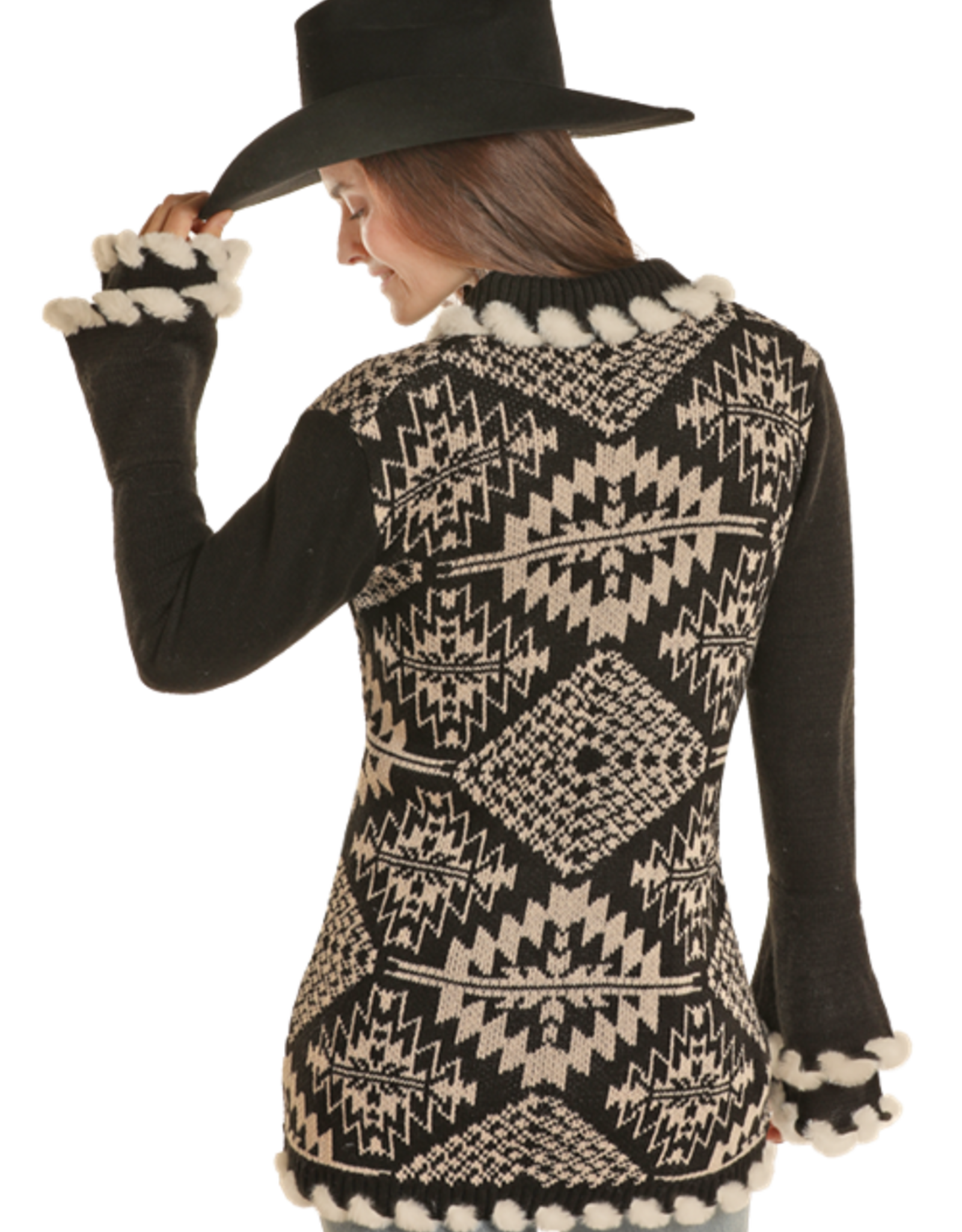 Womens Powder River Black Cream Aztec Fur Trim Sweater