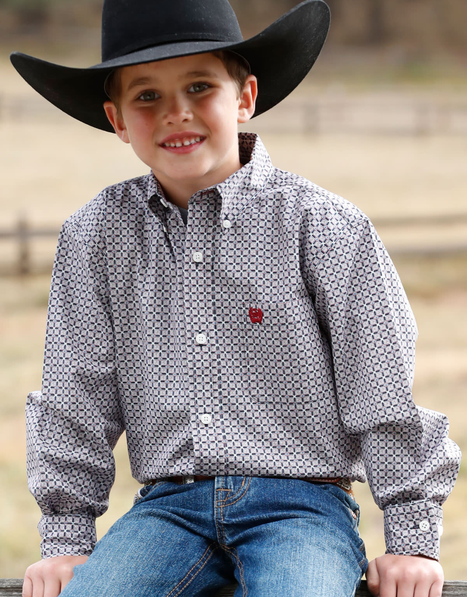 Cinch Boys Cinch Burgundy Navy Long Sleeve Button Western Shirt