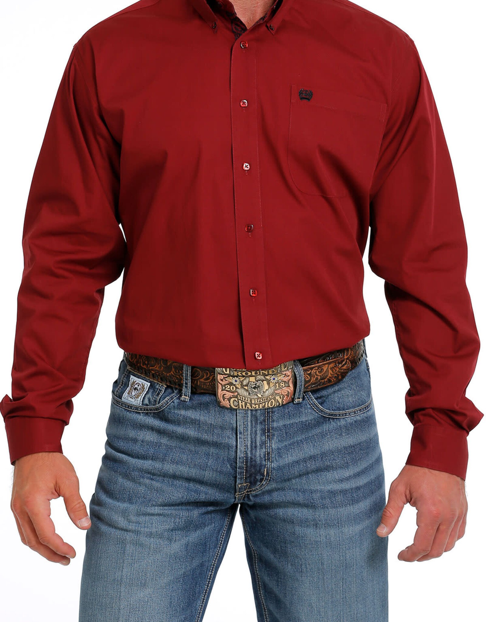 Cinch Mens Cinch Long Sleeve Solid Burgundy Red Western Button Arena Shirt