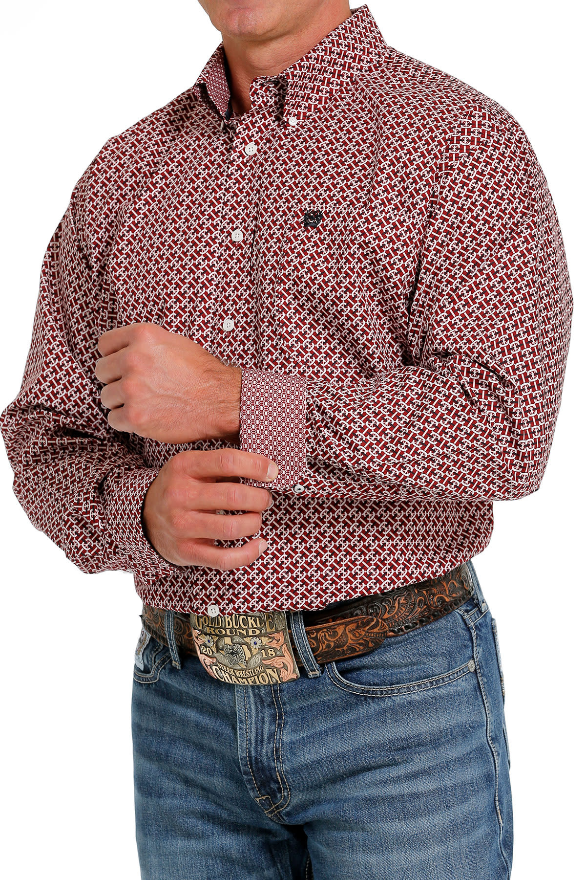 Mens Cinch Long Sleeve Red Geo Print Western Button Arena Shirt