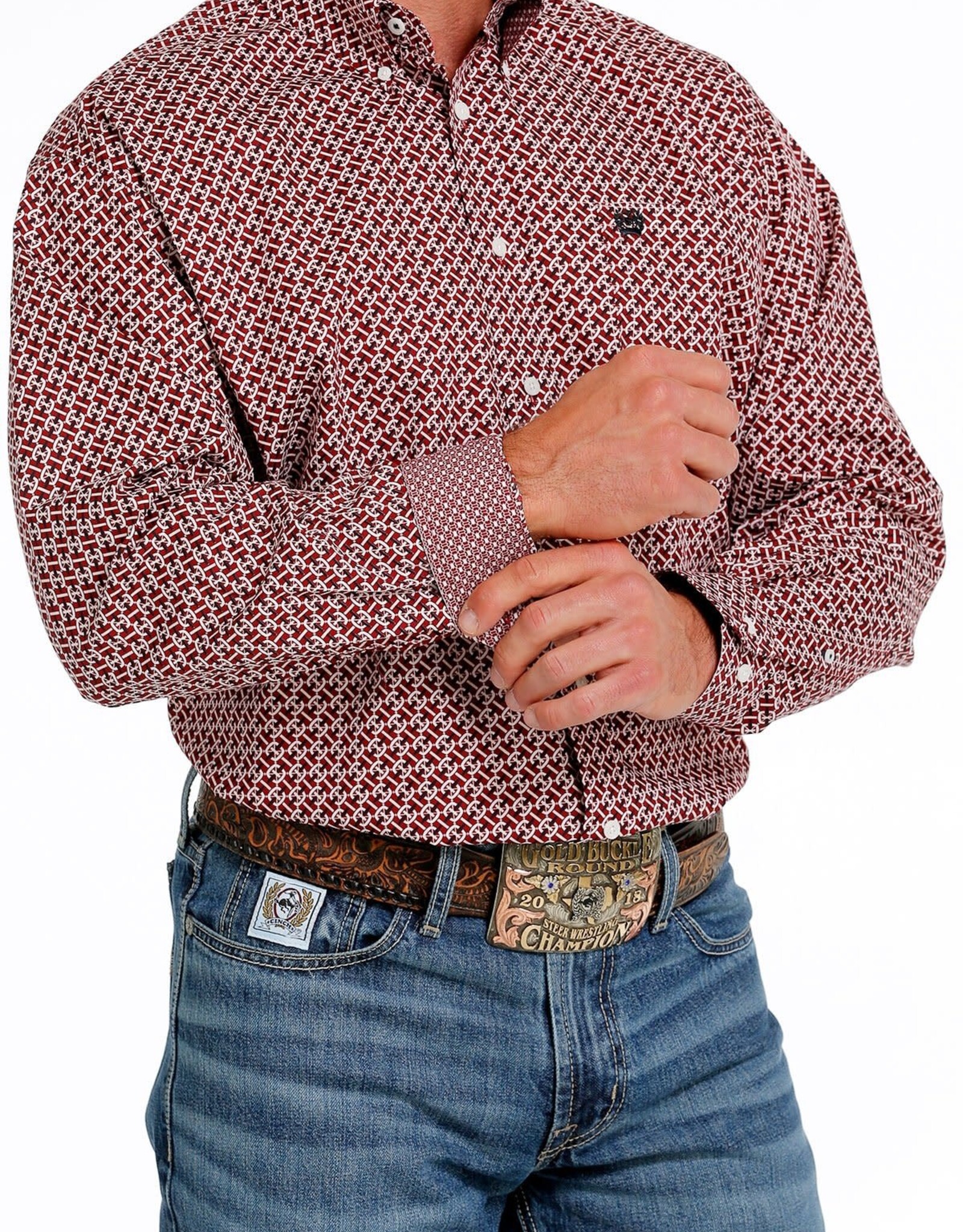 Cinch Mens Cinch Long Sleeve Red Geo Print Western Button Arena Shirt