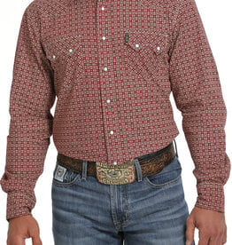 Cinch Mens Modern Fit Cinch Burgundy Red Print Two Pocket Long Sleeve Western Snap Shirt