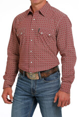 Cinch Mens Modern Fit Cinch Burgundy Red Print Two Pocket Long Sleeve Western Snap Shirt