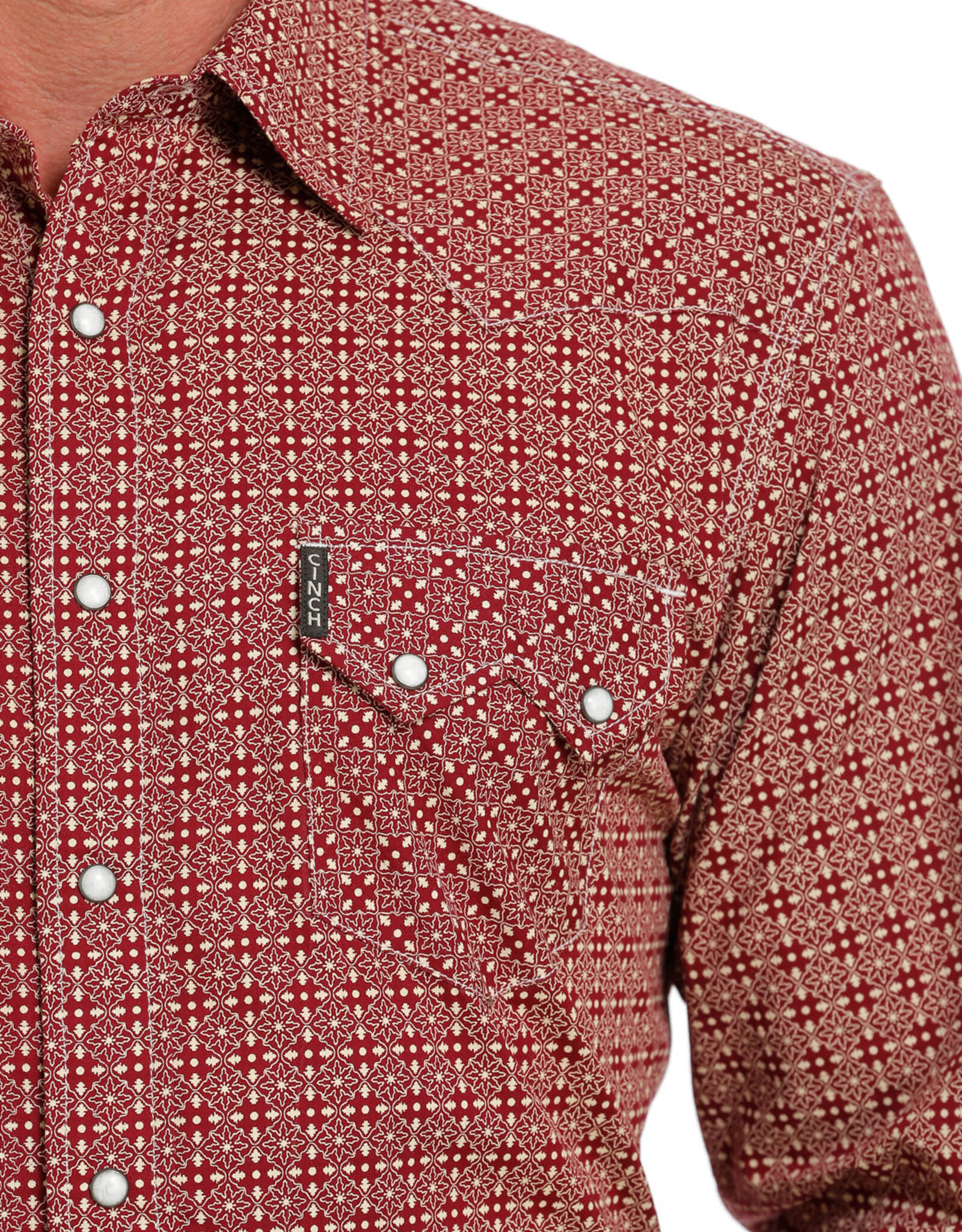 Cinch Mens Modern Fit Cinch Burgundy Red Print Two Pocket Long Sleeve Western Snap Shirt