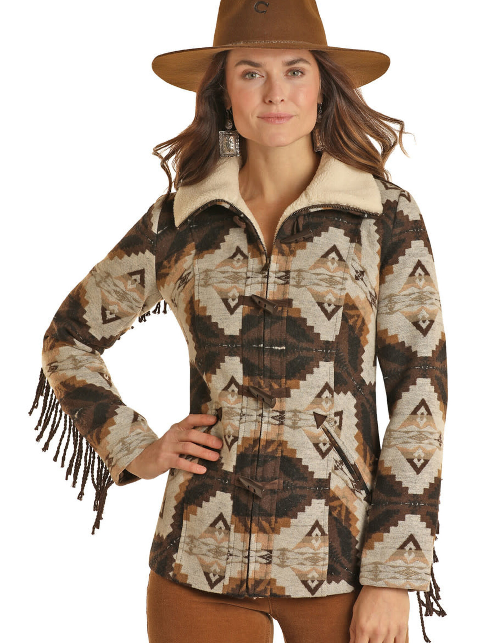 Womens Powder River Sherpa Collar Wool Blend Brown Aztec Fringe Jacket