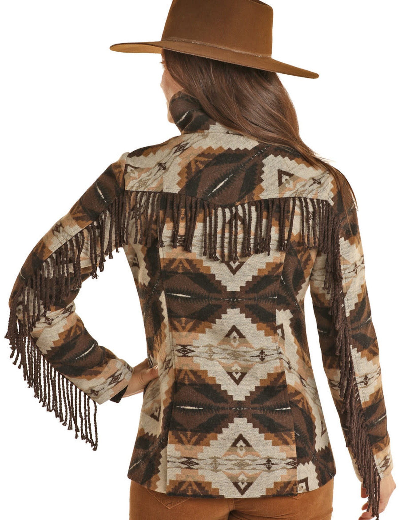 Womens Powder River Sherpa Collar Wool Blend Brown Aztec Fringe Jacket