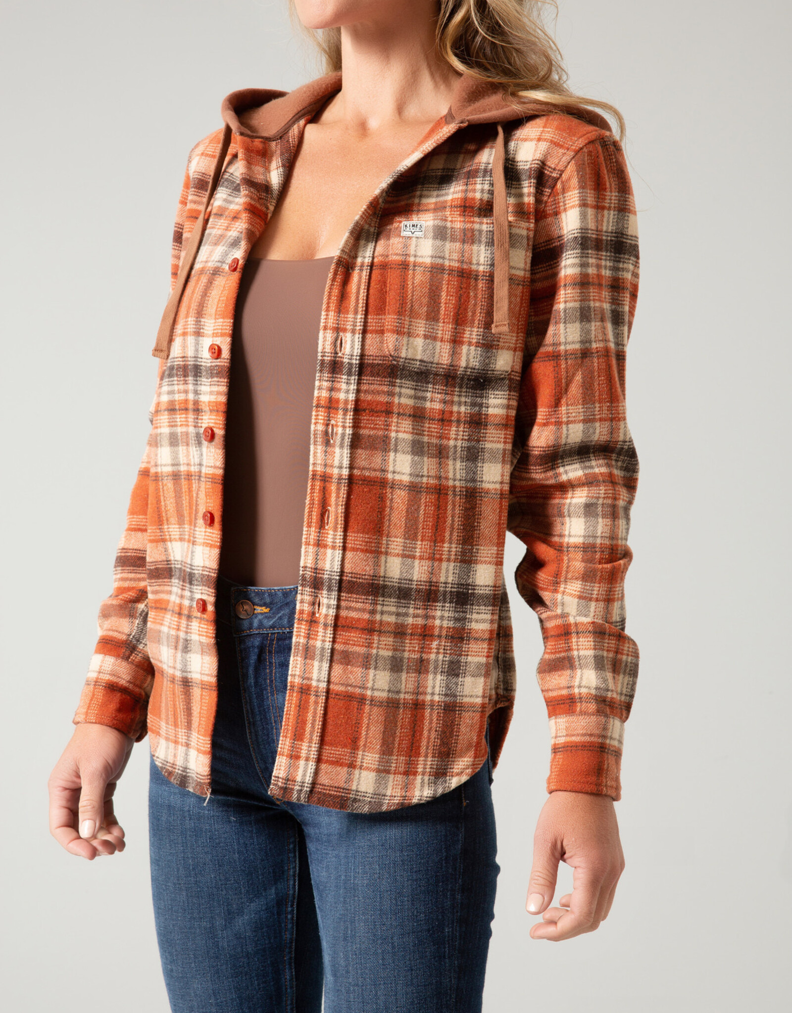 Womens Kimes Delano Burndt Orange Hooded Flannel Button Shirt