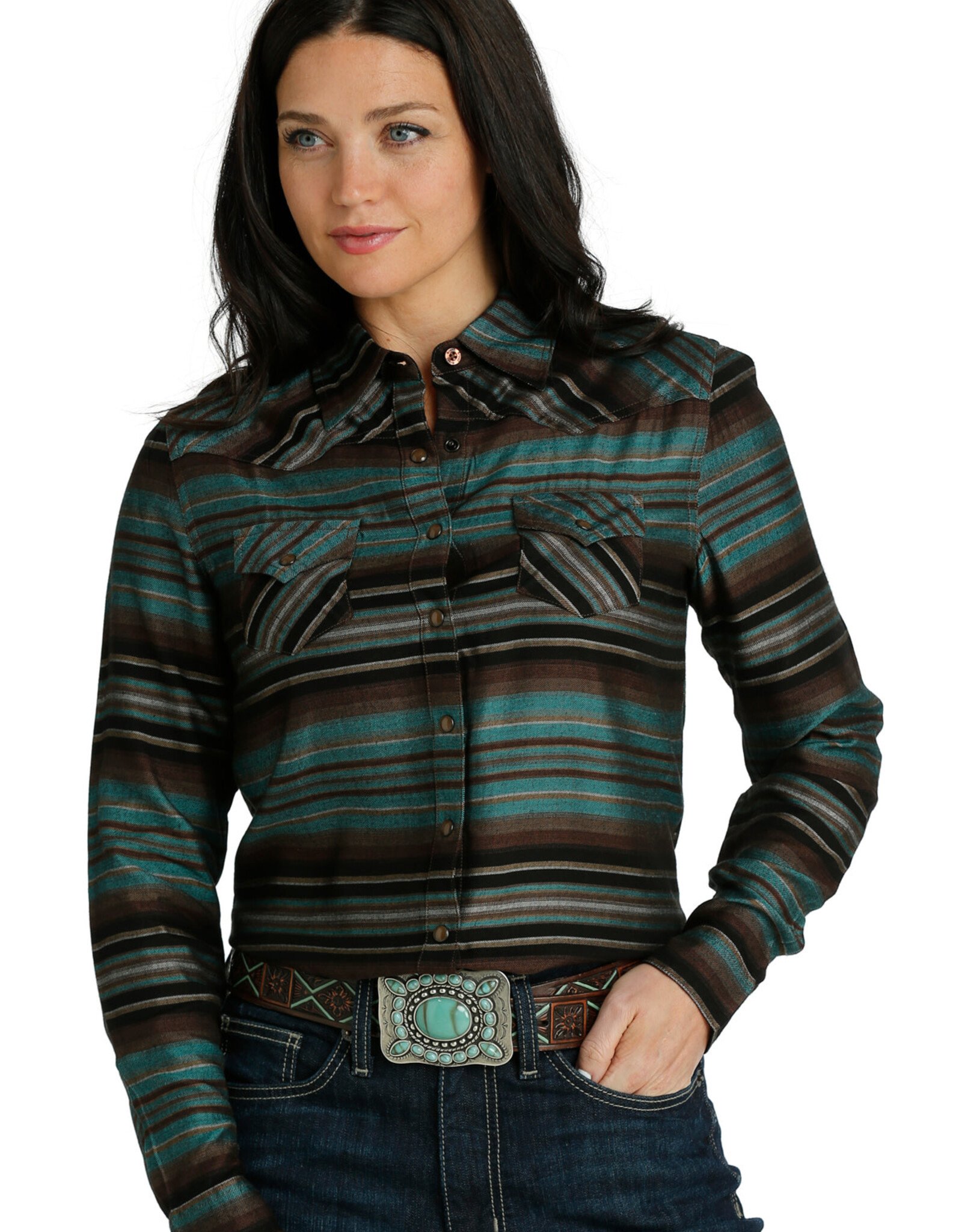 Womens Cruel Denim Long Sleeve Brown Teal Stripe Western Snap Shirt