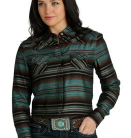 Womens Cruel Denim Long Sleeve Brown Teal Stripe Western Snap Shirt