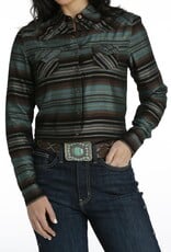 Womens Cruel Denim Long Sleeve Brown Teal Stripe Western Snap Shirt