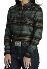 Womens Cruel Denim Long Sleeve Brown Teal Stripe Western Snap Shirt