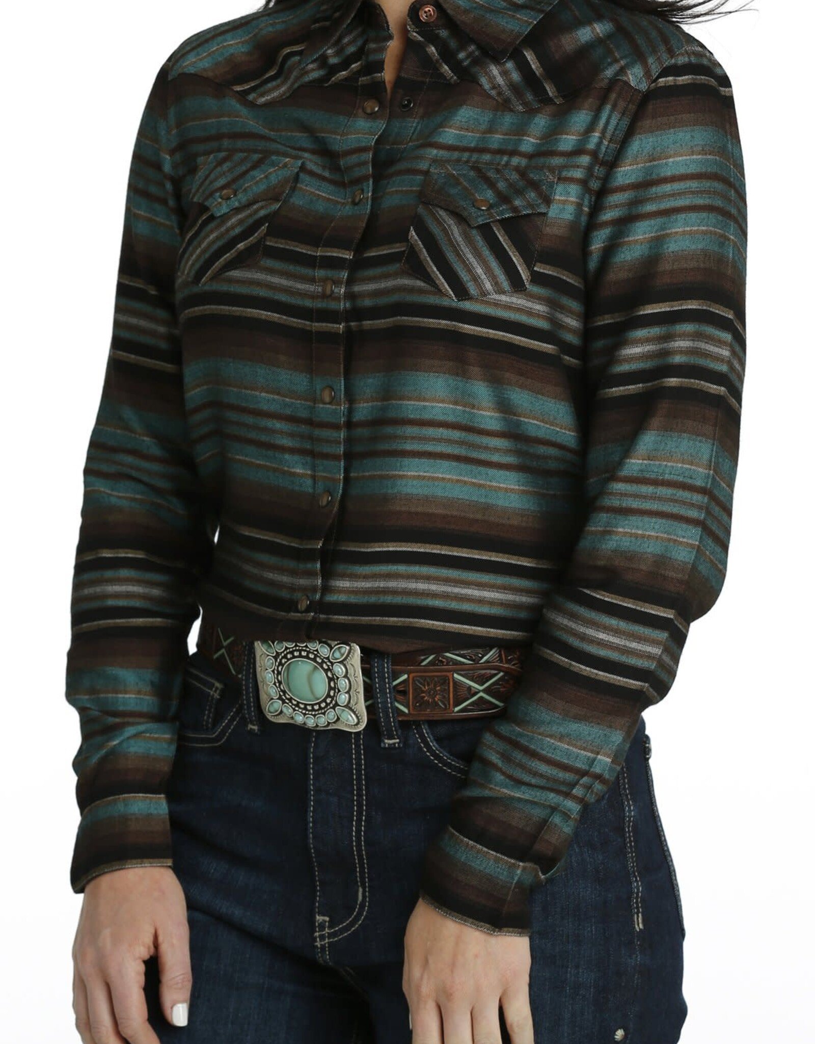 Womens Cruel Denim Long Sleeve Brown Teal Stripe Western Snap Shirt