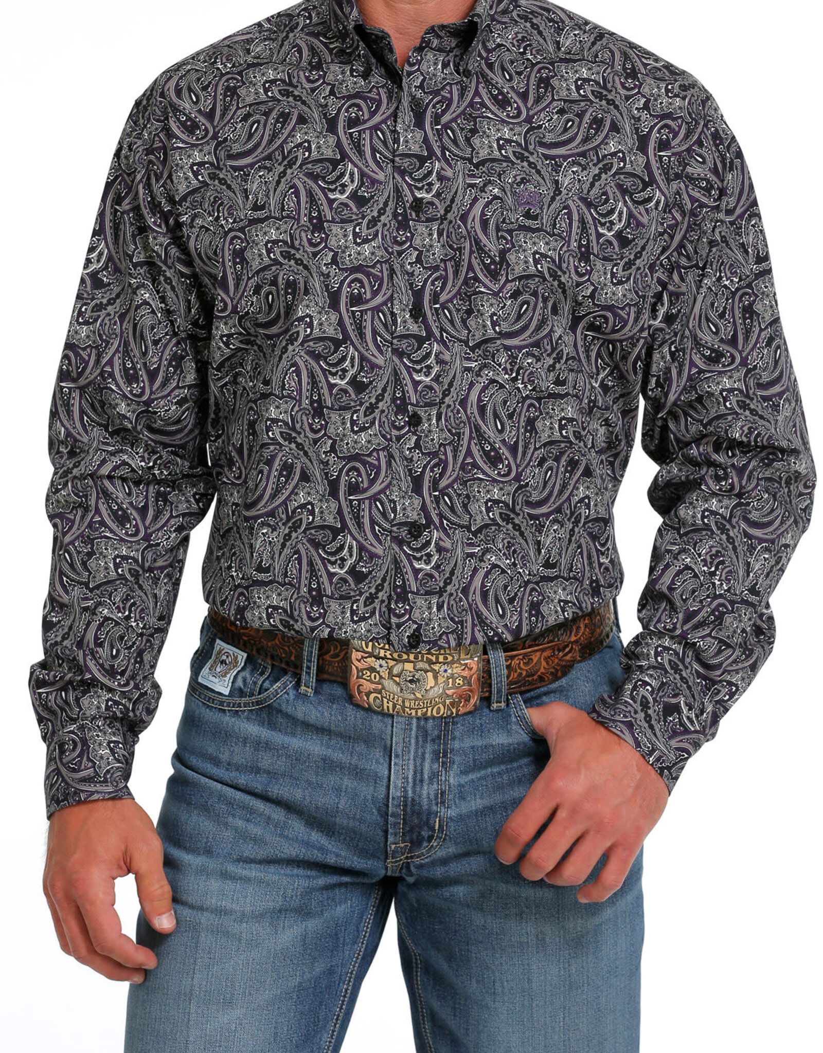 Cinch Mens Cinch Long Sleeve Purple and Black Paisley Western Button Arena Shirt