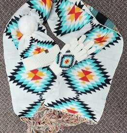 Rock & Roll Denim Aztec Winter Scarf Gloves and Pom Beanie Set